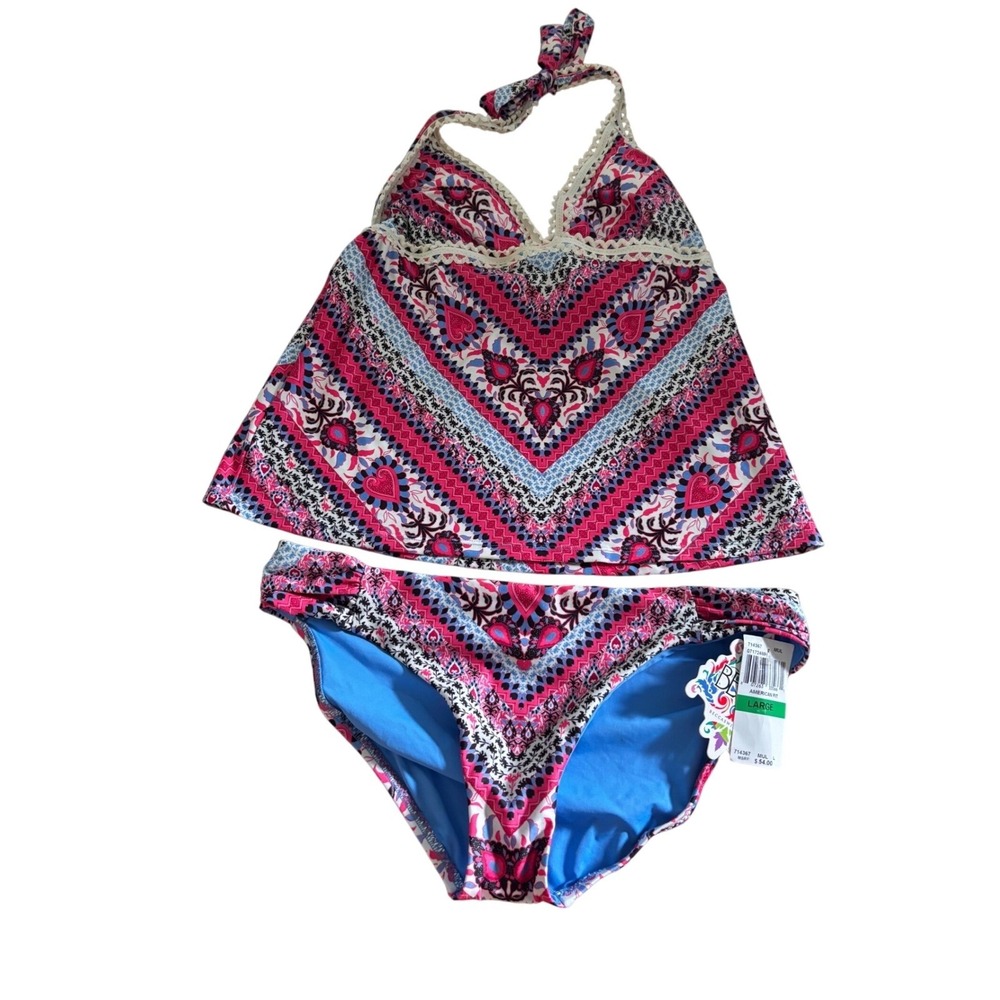 NWT/msrp $132 Becca by Rebecca Virtue Pink Blue  Boho Tankini Swimsuit Set L